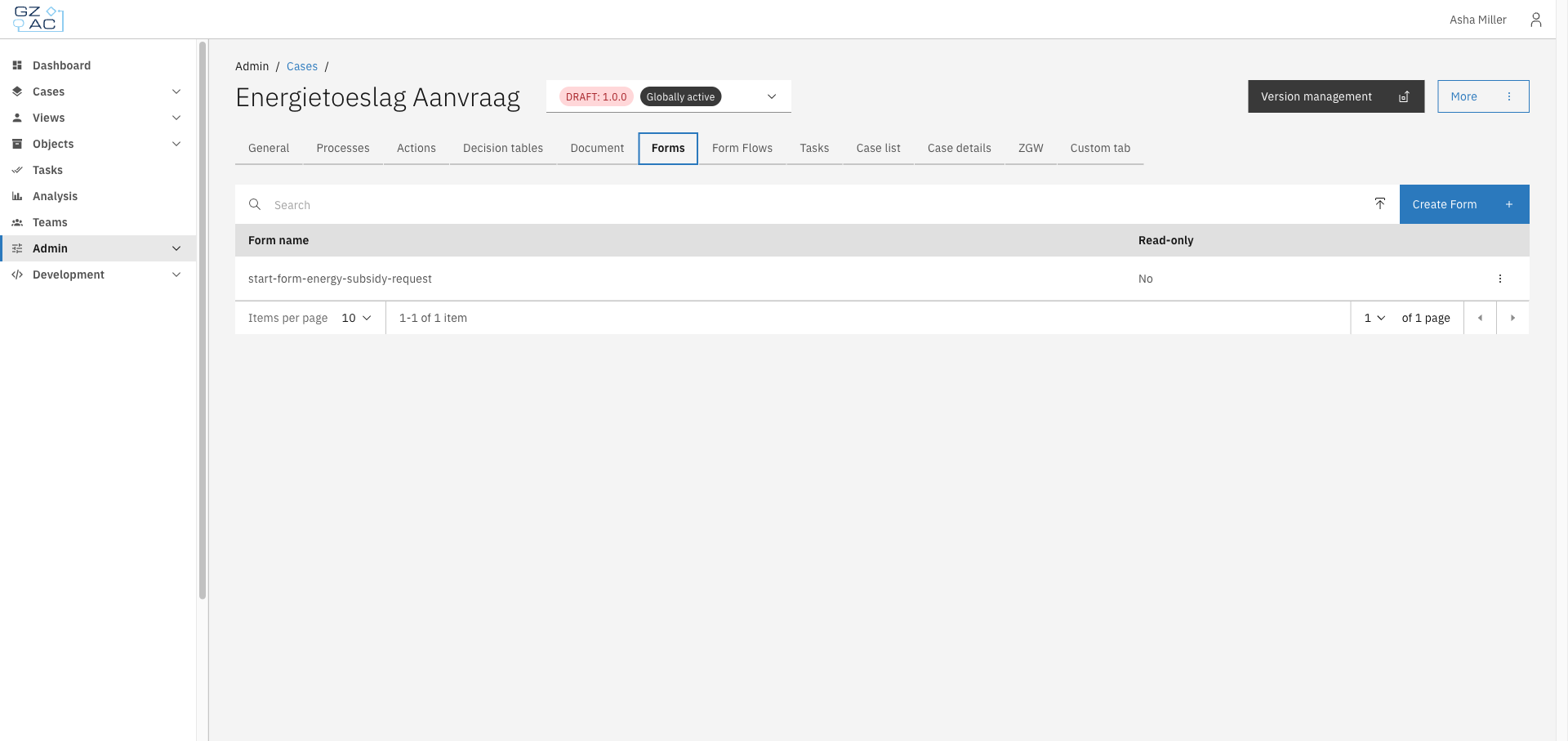 Forms tab showing the list of form definitions