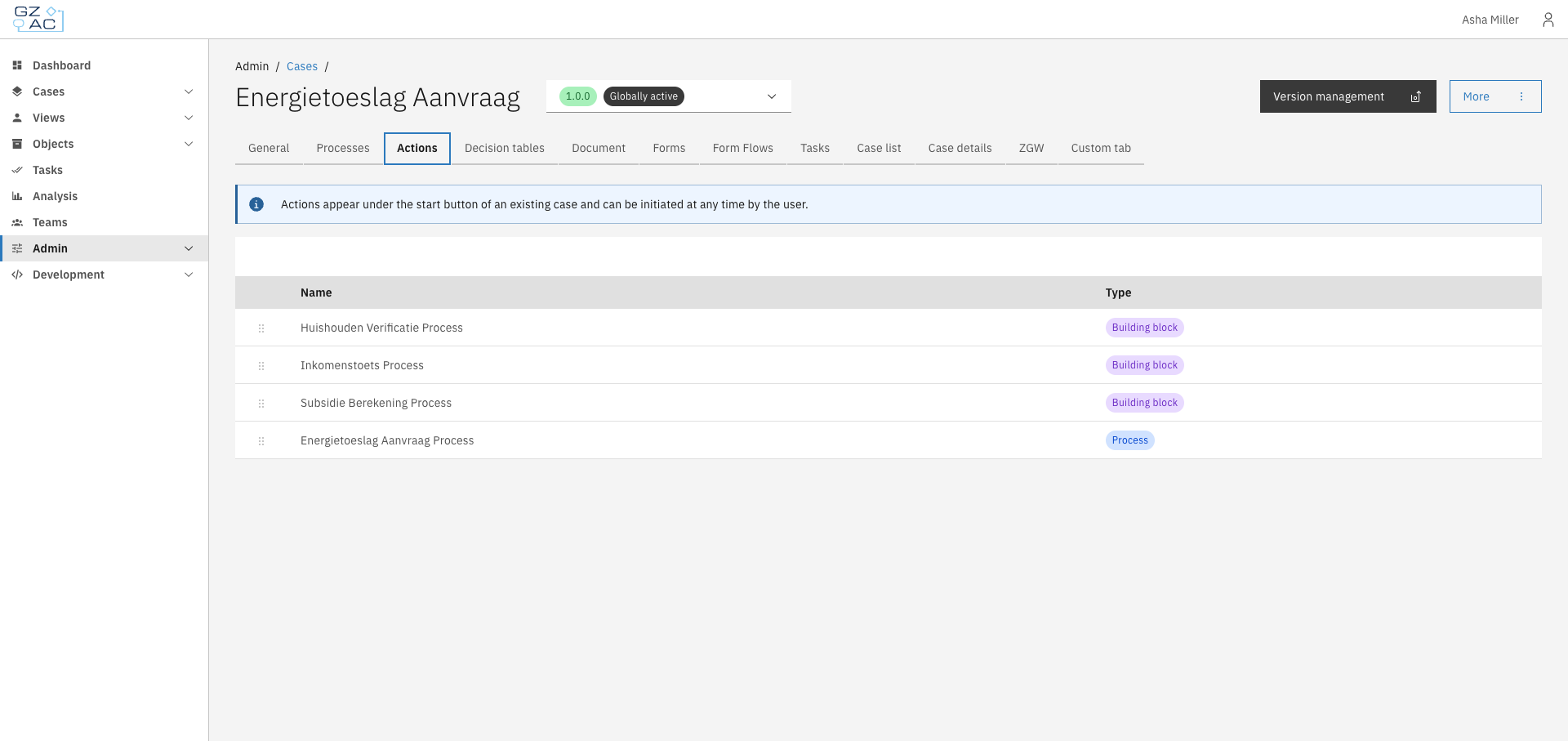 Actions tab showing a list of configured actions