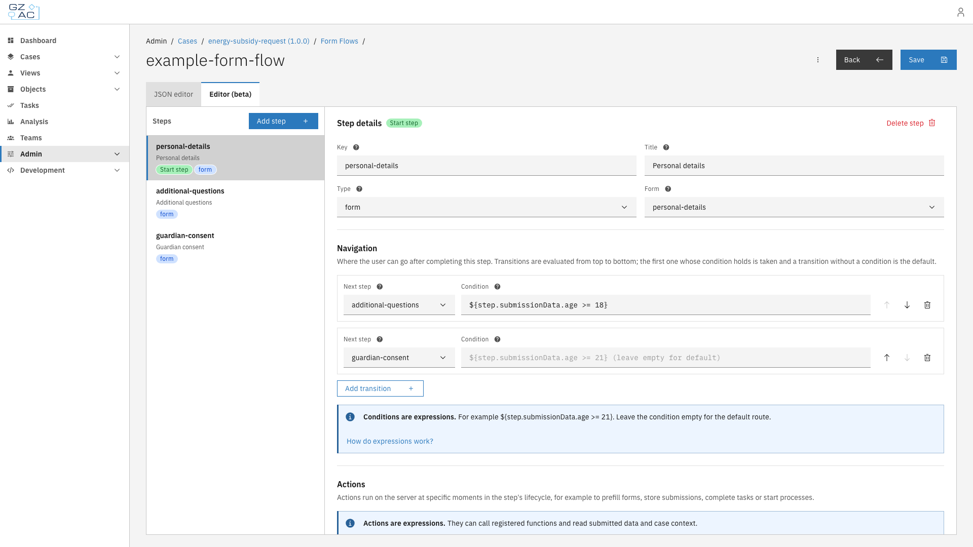 Visual form flow editor with a step list and the configuration of the selected step