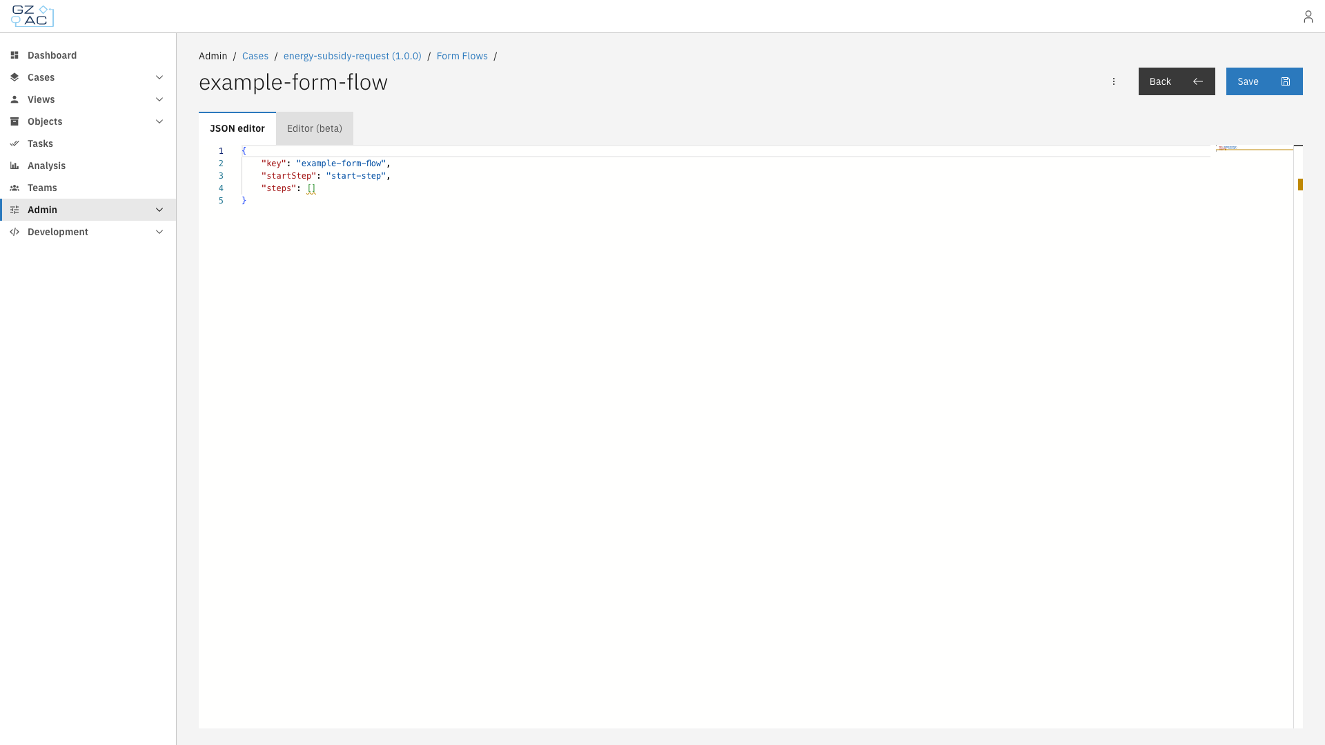 Form flow editor showing the default JSON stub