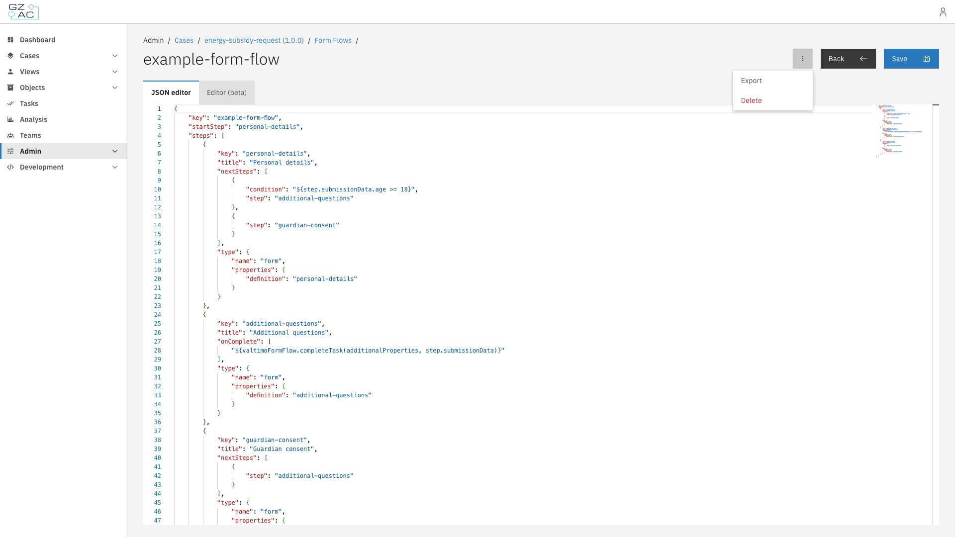 Editor overflow menu with Export and Delete options
