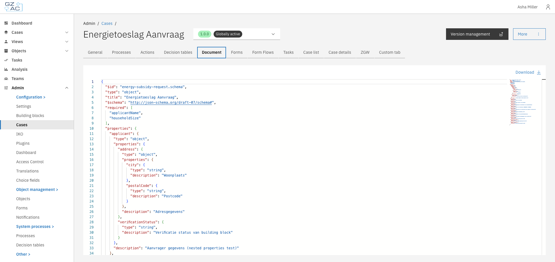 Document tab showing the JSON schema editor