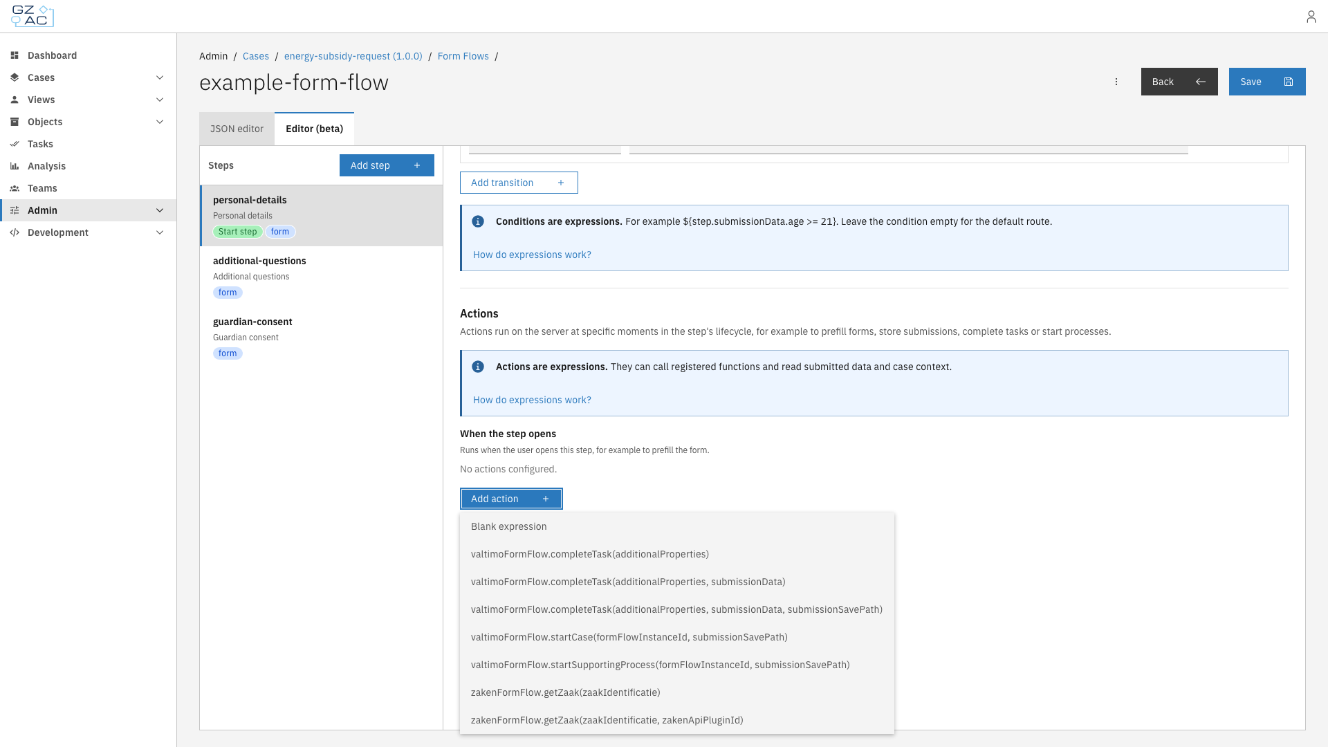 Add action menu listing the registered form flow functions