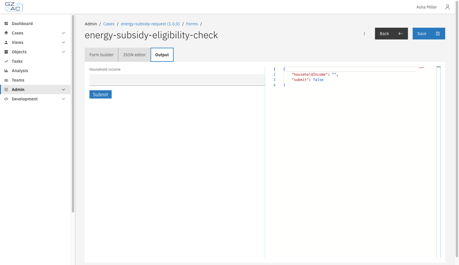 Output tab with a live form preview and JSON output