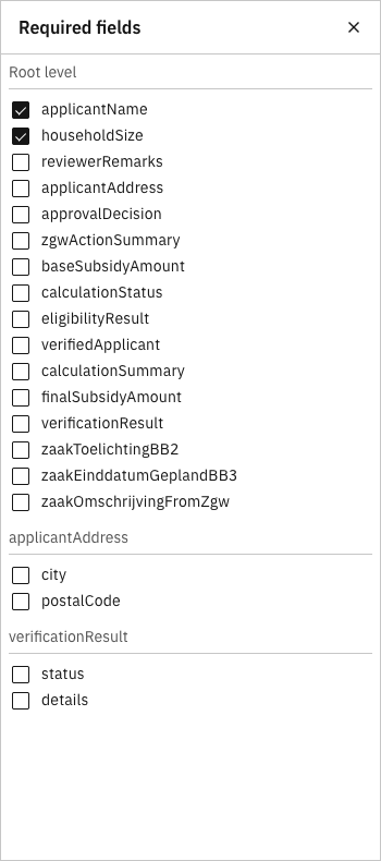 Required fields panel