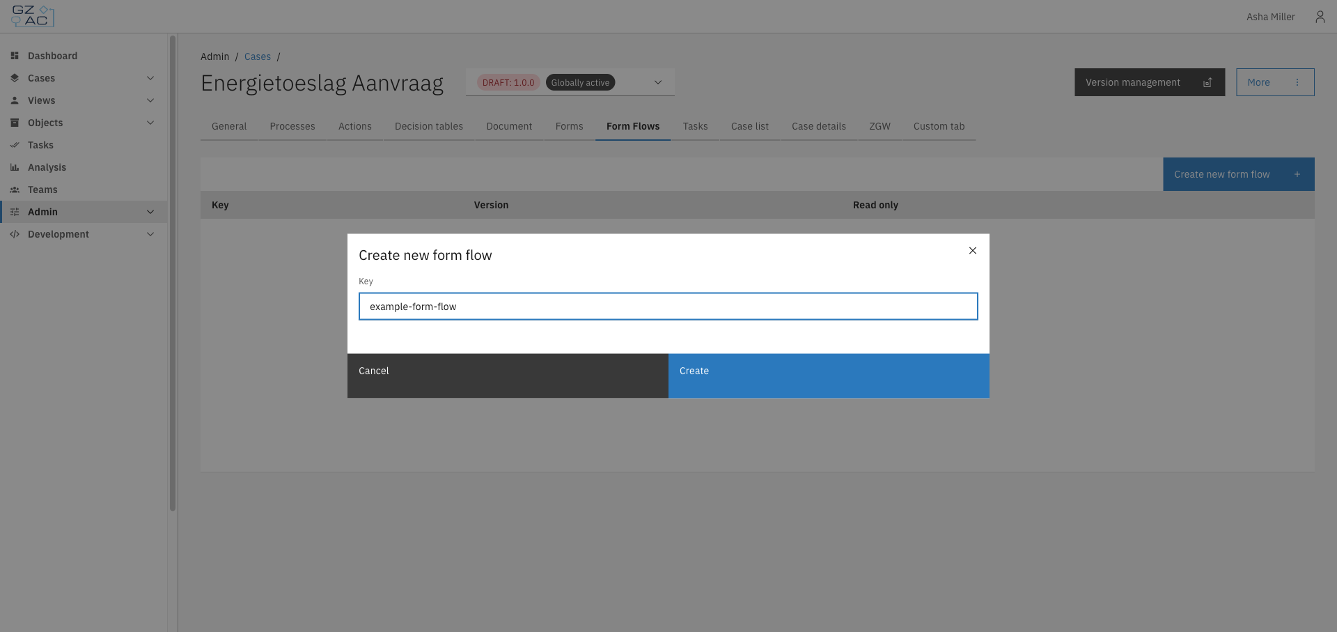 Create new form flow modal with the key field filled in