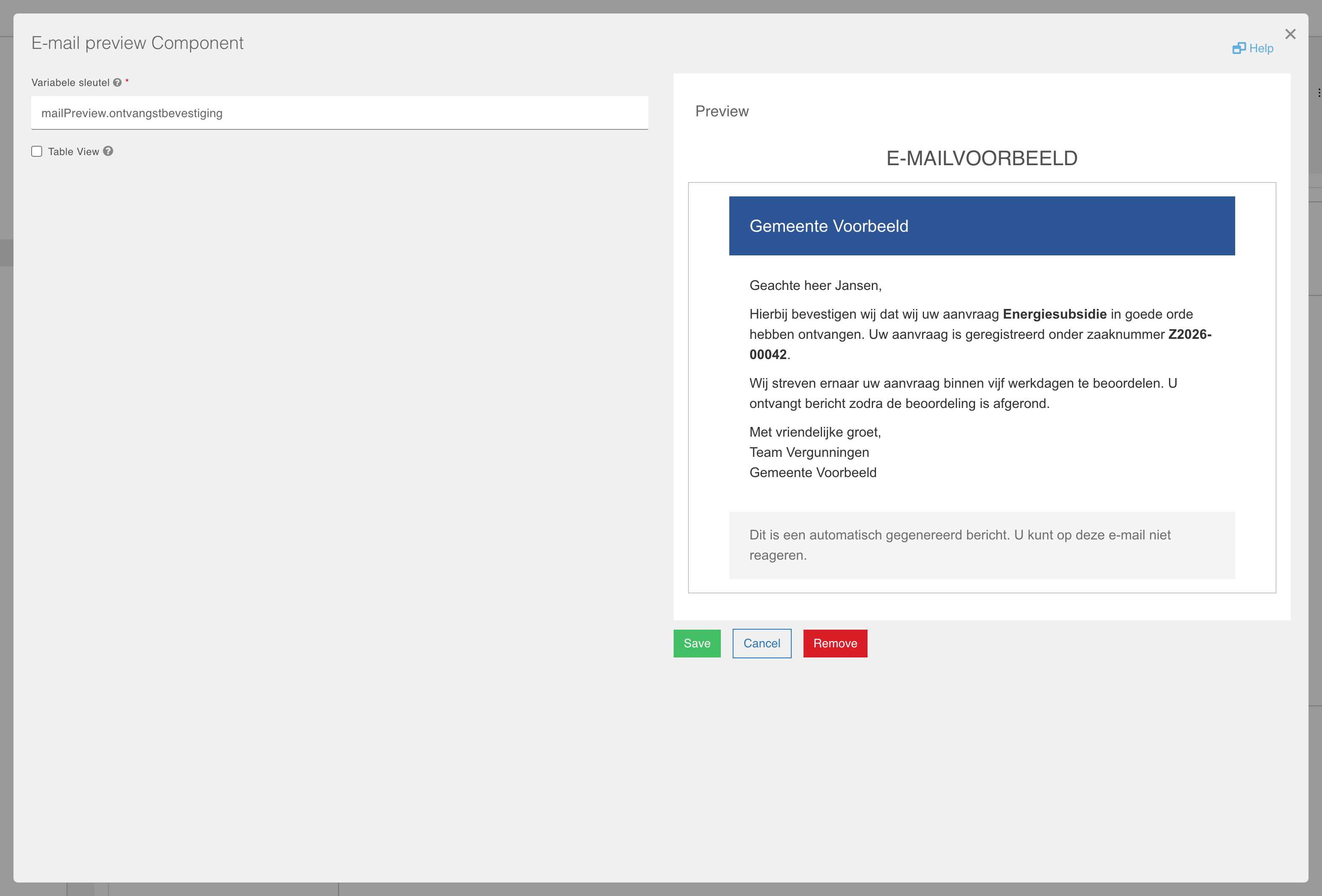 The E-mail preview component settings
