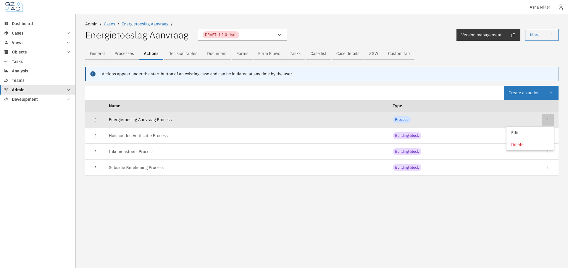 Row actions menu showing Edit and Delete options