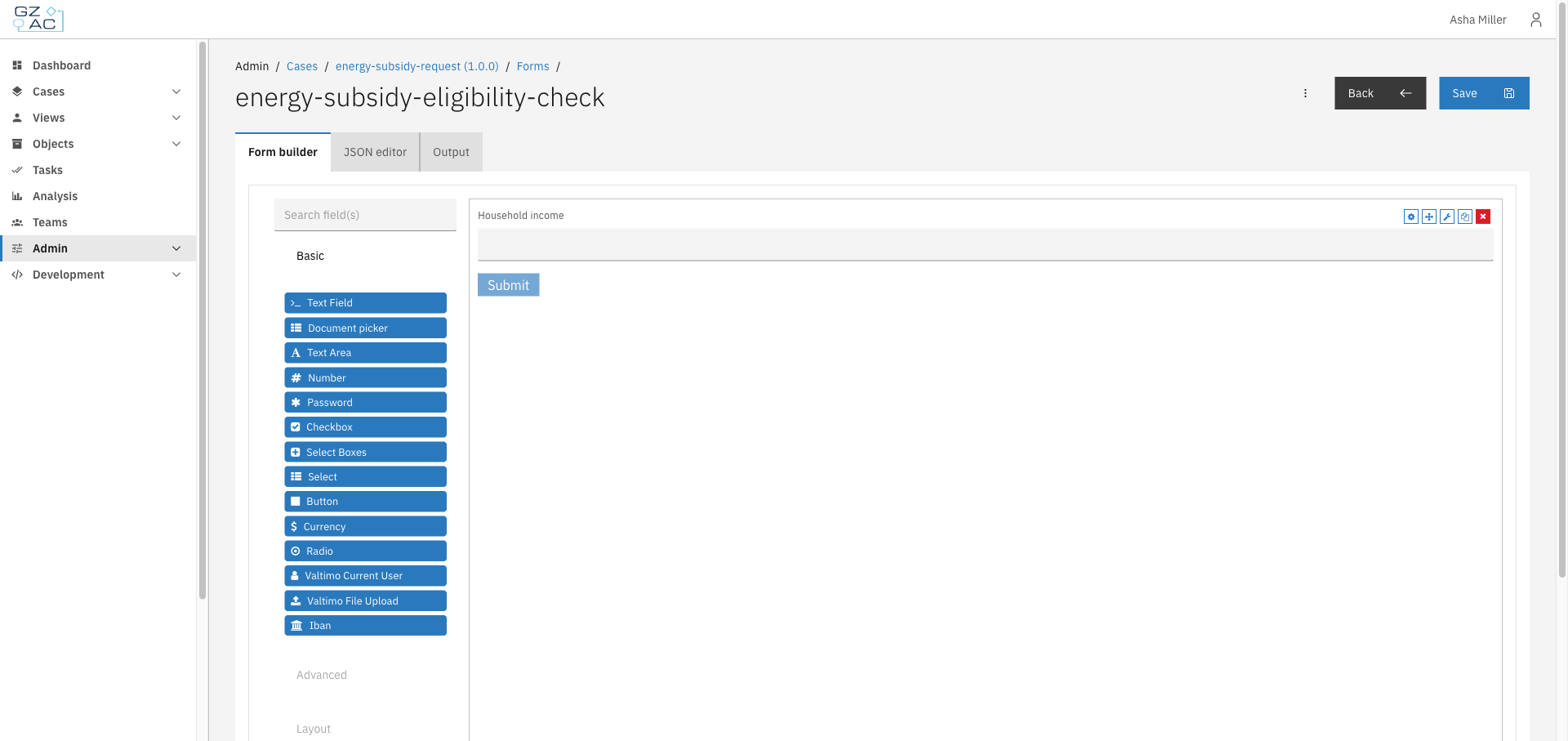 Form builder tab with a field added to the canvas