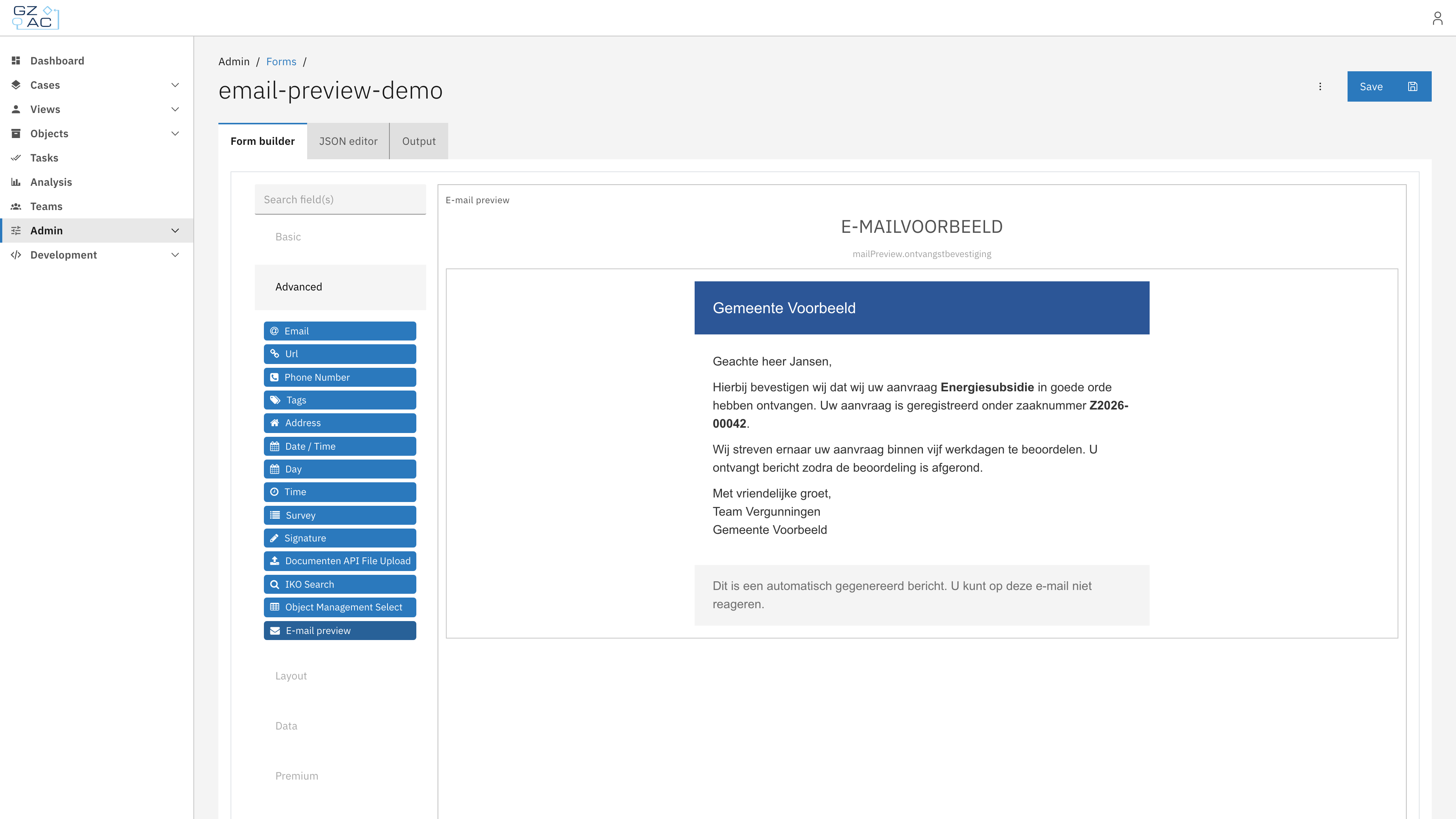 The E-mail preview component in the form builder