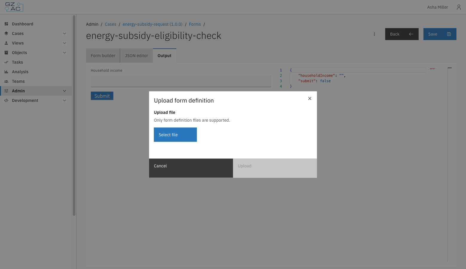 Upload form definition modal