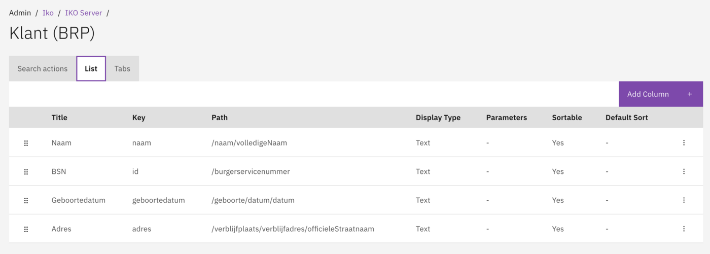List columns configuration