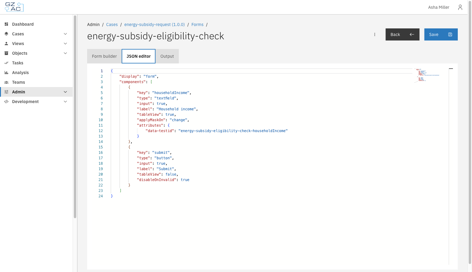 JSON editor tab showing the raw form definition