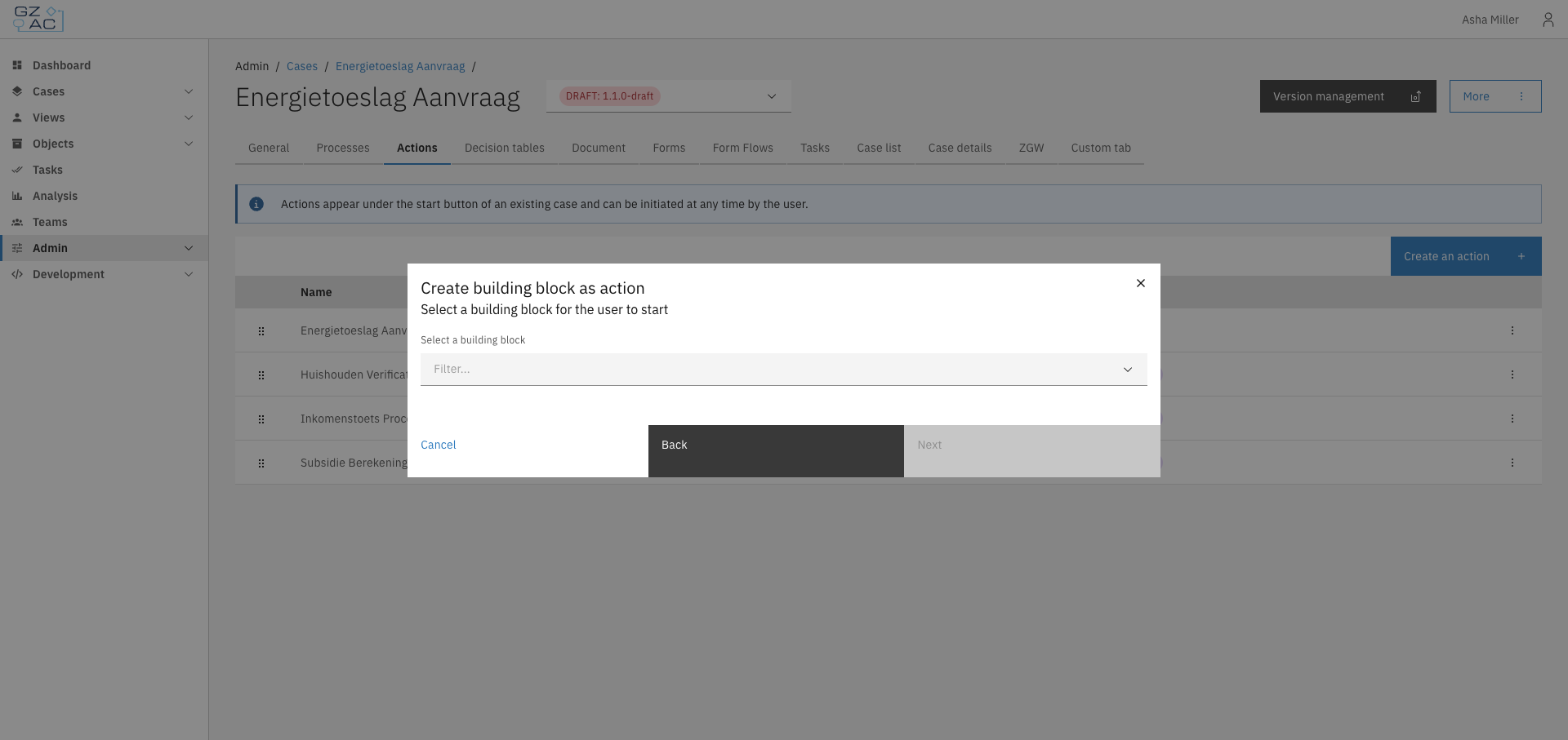 Building block selection dropdown