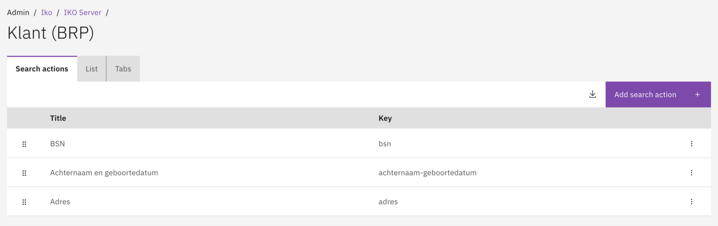 List of search actions